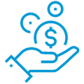 Icon illustration of a hand holding a dollar sign. 